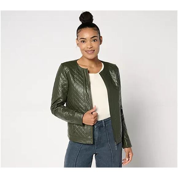 Belle by Kim Gravel Jackets & Blazers - Belle by Kim Gravel Faux Leather & Ponte Zip Jacket Black Olive Small A666951